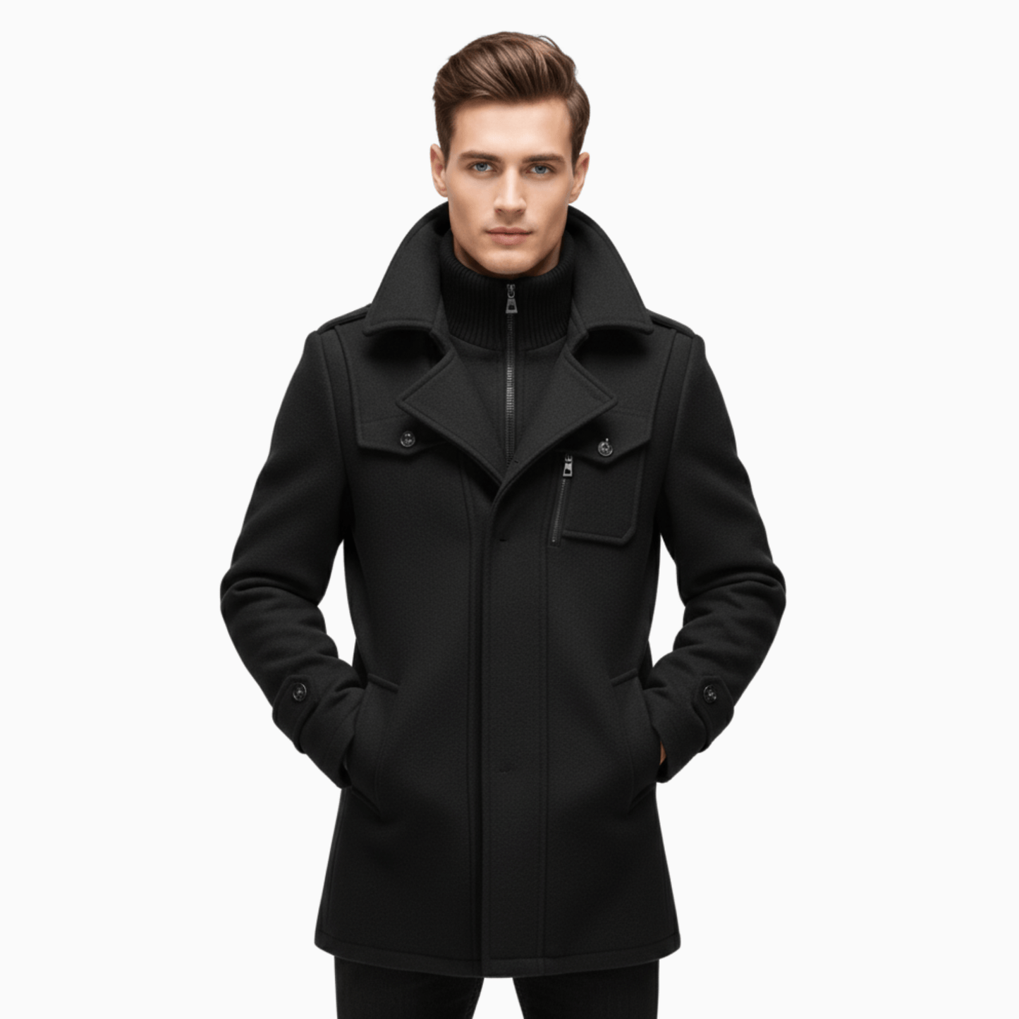 Men’s Black Wool Double Collar Overcoat