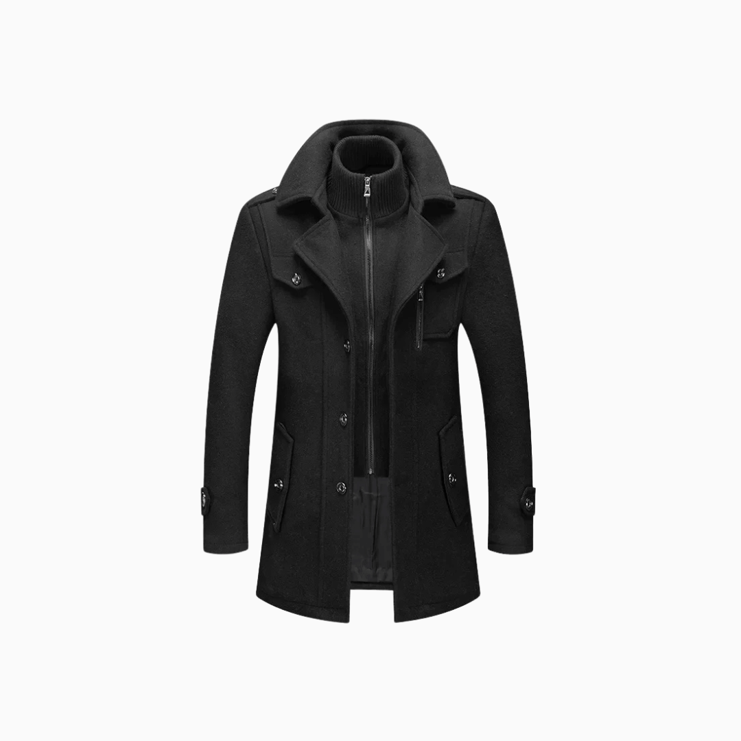 Men’s Black Wool Double Collar Overcoat