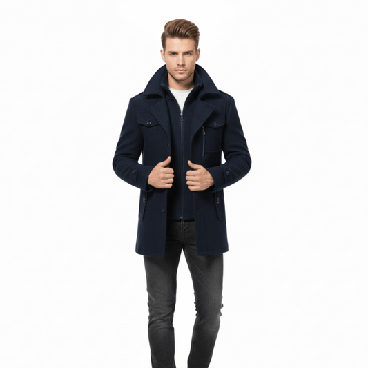 Men’s Blue Wool Double Collar Overcoat