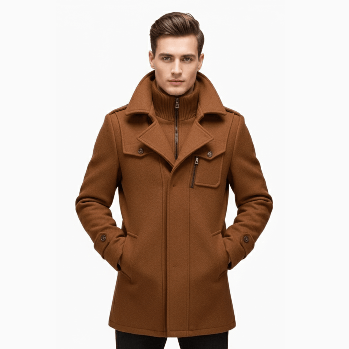 Men’s Khaki Wool Double Collar Overcoat