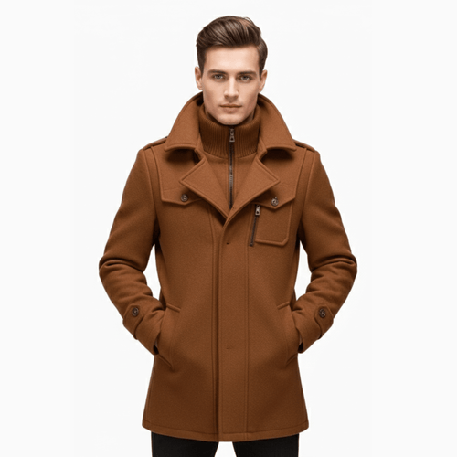 Men’s Khaki Wool Double Collar Overcoat