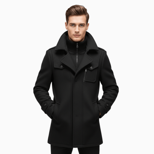 Men’s Black Wool Double Collar Overcoat